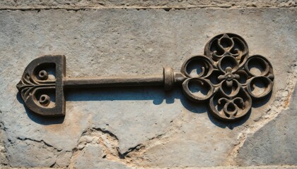 Ornate Iron Key Resting on Rough Stone Surface with Shadow and Detail