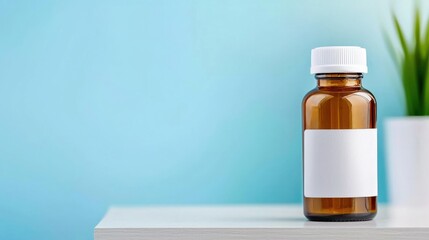 Brown Glass Bottle with White Cap and Blank Label on a Table