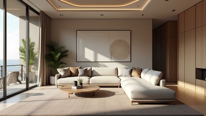 Stylish living room showcasing white furniture and a large window, creating an airy and bright atmosphere