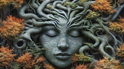 Fototapeta premium Serene Stone Face Embraced by Autumnal Forest