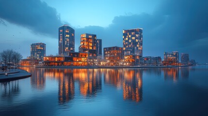 Fototapeta premium A futuristic urban harbor with facades reflecting neon lights on calm water 