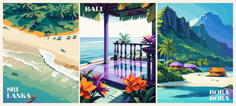 Set of Travel Destination posters in retro style. Bali, Bora-Bora, Sri Lanka exotic landscapes vector art illustrations