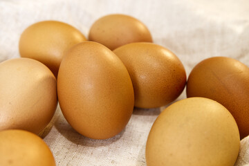 Close-up chicken eggs on beige fabric background. A group of egg with blurred background. Daily...
