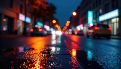 Obraz premium Abstract late-night city lights reflecting on wet pavement, black, metropolis