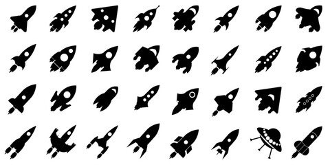 Naklejka premium Set of black rocket icons. Black rocket ship collection