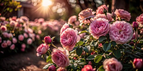 Pink Tea Roses Garden Photography: Blooming Flowers, Lush Foliage, Summer Garden, Romantic Landscape