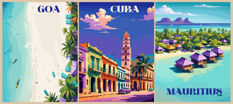Set of Travel Destination posters in Retro style. Cuba, Mauritius, GOA landscape prints. Colorful vector art illustrations