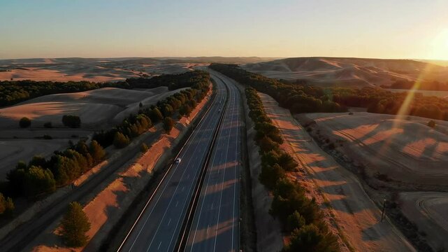 Aerial sunset view of remote highway cutting through rolling hills and forests