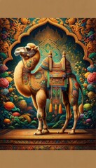 Fototapeta premium Colorful Camel With Decorative Saddle in Vibrant Background