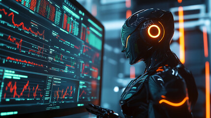 Black robot interacting with a large screen displaying financial data, showcasing technological advancements in finance and automation
