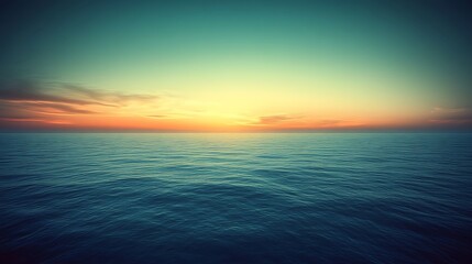 A serene seascape depicts a tranquil ocean with a colorful sky