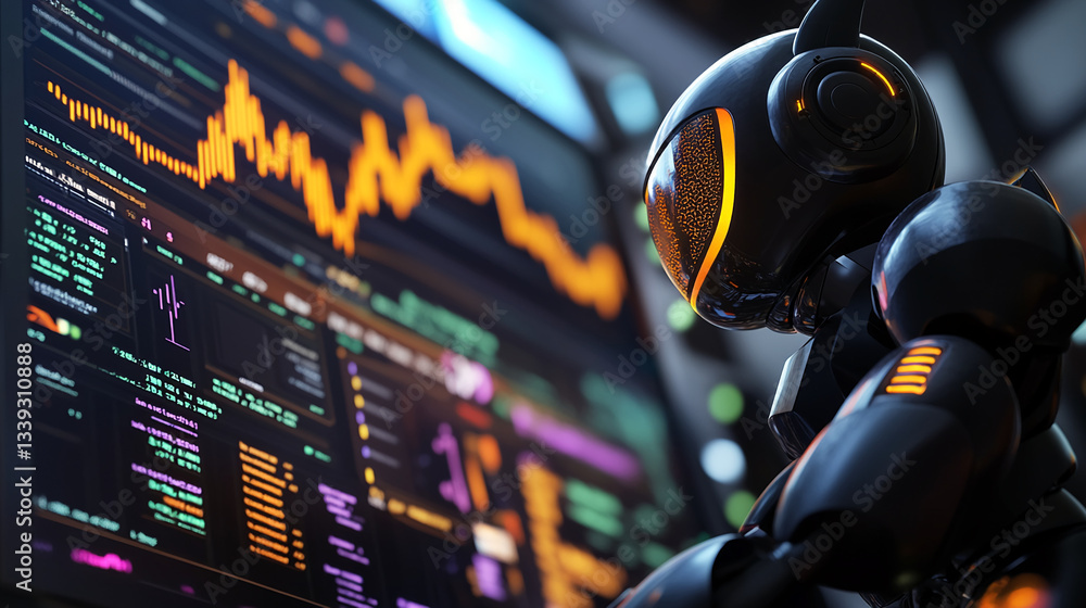 Poster black robot analyzes data on a screen displaying orange graphs and code, showcasing technological ad