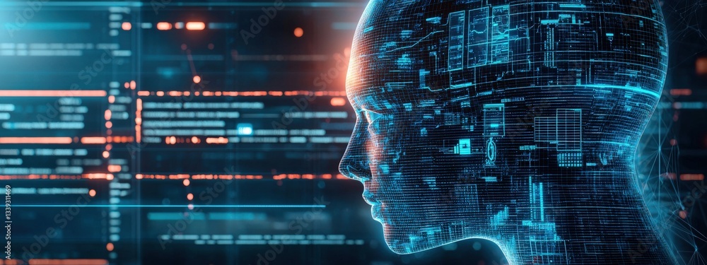 Poster futuristic digital human head with data visualization in background