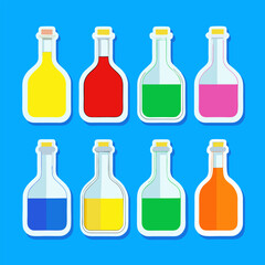 Illustration of colorful liquid filled bottles against bright blue background