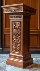 Obraz premium Elegant polished wooden podium with intricate engravings in a formal setting designed for speeches and presentations