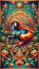 Vibrant Horse Art on Intricate Floral Design