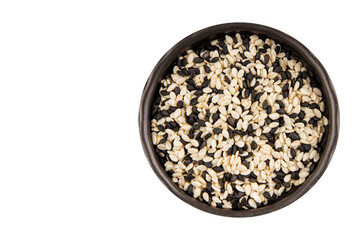 Sesame spice mix white and black tasty fresh gourmet food background on table rustic food top view...