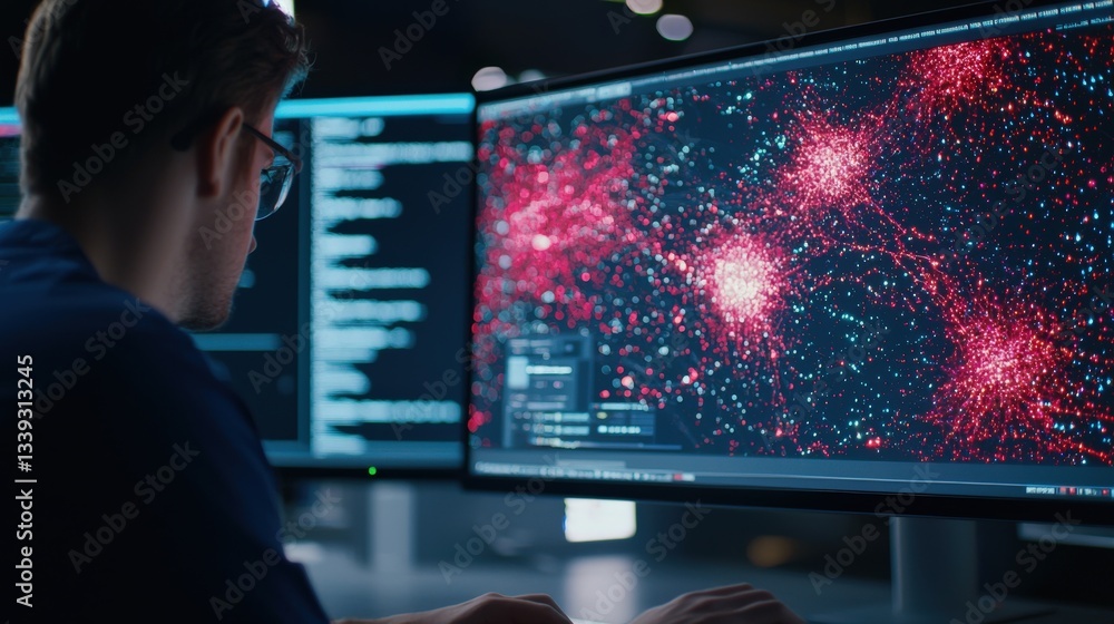 Poster data scientist analyzing complex visualizations on dual monitors
