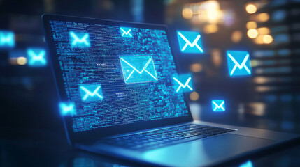 A futuristic holographic overlay of email icons against a laptop screen, symbolizing digital communication and spam awareness