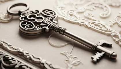Antique Silver Key on Textured Surface with Decorative Ornament Elements