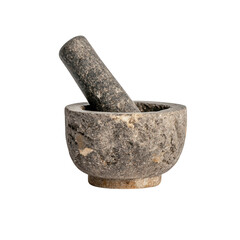 A stone mortar and pestle, showcasing a textured surface, typically used for grinding and mixing ingredients in cooking or herbal preparation.