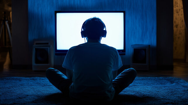 A gamer wearing headphones sits in a dimly lit room, staring at a blank monitor