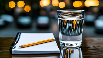 Still Life with Water and Notes: A close-up composition of a glass of water, a notepad, and a pencil. The water glass reflects the soft lights, creating a sense of calm and clarity.