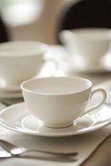 A collection of flawless white teacups arranged elegantly on a refined table, inviting a tasteful gathering.