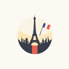 Flat vector illustration of the Eiffel Tower with the French flag and a minimalist skyline.