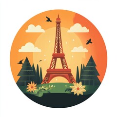 Flat vector illustration of the Eiffel Tower with birds and a nature-inspired background.