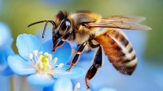 Macro photograph of a honey bee on a blue flower