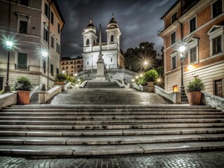 Fototapeta premium Roman Steps Night Photography - Scalinata Monti, Low Light, Italy, Night Scene, Cityscape, Staircase, Urban, Architecture, Travel