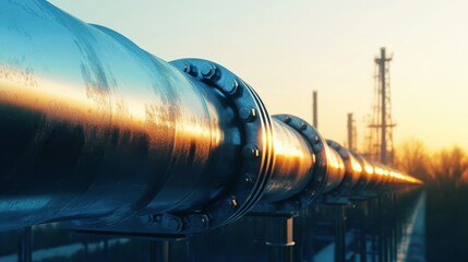 Large industrial oil pipeline at sunset with metallic reflections, energy infrastructure and petroleum transport system in a modern refinery landscape