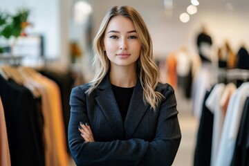 Confident young fashion boutique owner standing with arms crossed in trendy clothing store, successful female entrepreneur in modern retail business