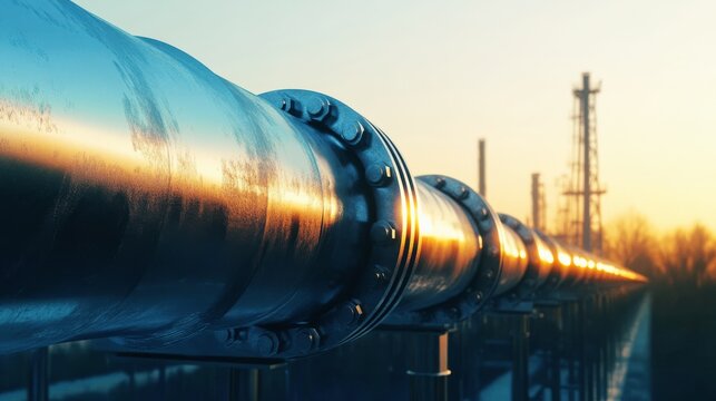 Large industrial oil pipeline at sunset with metallic reflections, energy infrastructure and petroleum transport system in a modern refinery landscape