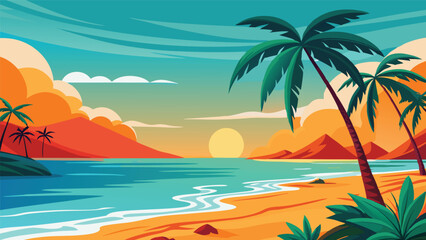 Fototapeta premium Serene Sunset Beach Scene Tropical Paradise Island Vacation Background Illustration