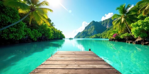 Rustic wooden dock extends over calm turquoise water, lush tropical foliage backdrop, palm trees, light, serene