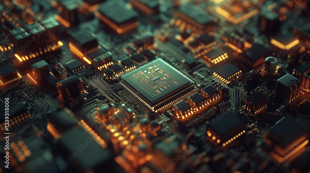Aufkleber a macro photography shot of a microchip mounted on a pcb, emphasizing advanced technology and electr