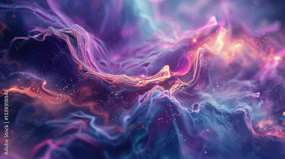 Poster vibrant abstract background with flowing colors and luminous particles, creating dreamy atmosphere