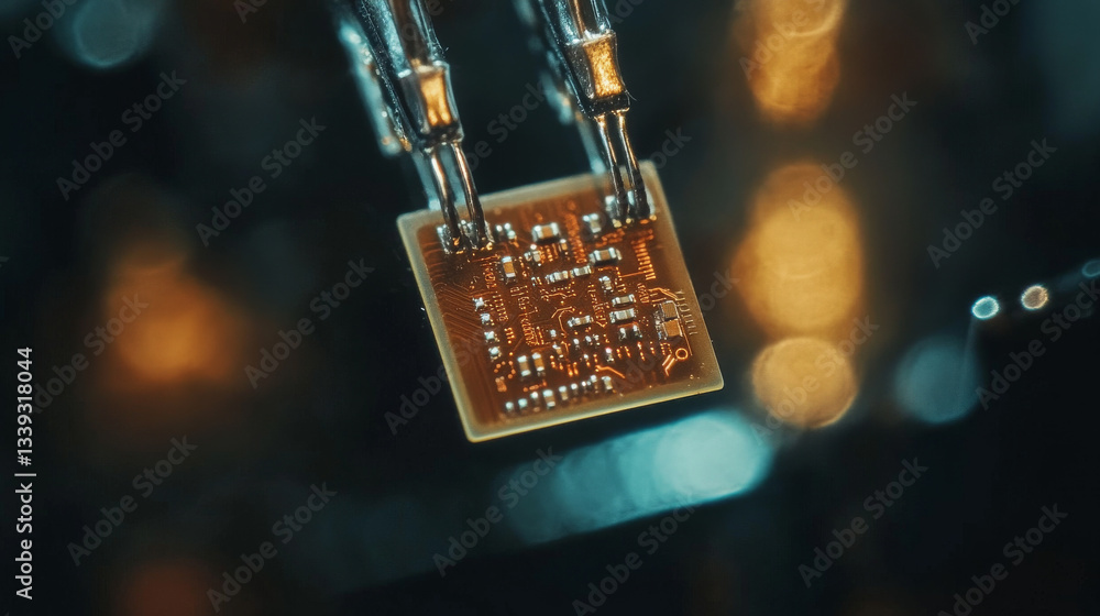 Poster a macro photography shot of a microchip mounted on a pcb, emphasizing advanced technology and electr