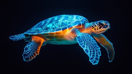 A glowing translucent sea turtle swimming gracefully through dark waters. 