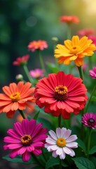 Sun-drenched zinnias, cosmos, and gerbera daisies, red, floral