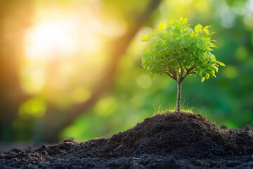 Young Sapling Growing in Rich Soil, Sunrise, Nature, Green Leaves, Environmental Conservation
