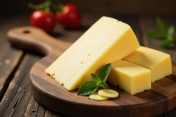 Artisanal cheese on white, rustic wooden board, macro, close up