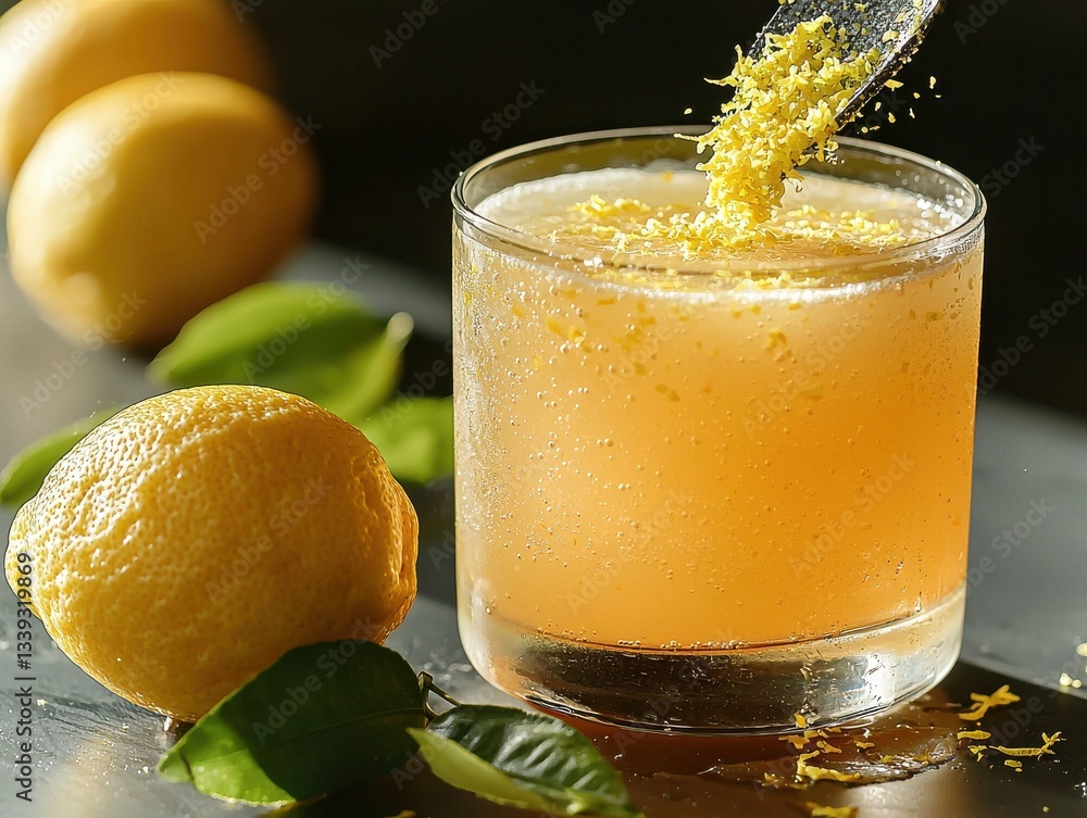 Poster freshly prepared lemonade with lemon zest garnish on a table close up with lemons