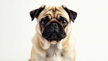 A solo pug, perfectly centered against a pure white backdrop , pet portrait, pug, studio