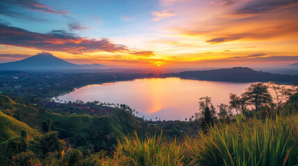 Fototapeta premium A picturesque sunrise or sunset over Rawa Pening Lake in Semarang, Indonesia, offering a stunning landscape view