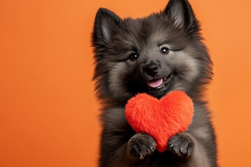 Keeshond - my preferred dog. Promotion idea art. Cute keeshond canine with fluffy red heart - emblem of love, funny greeting card. Heart and pet photography. Valentine's day paw print photos.