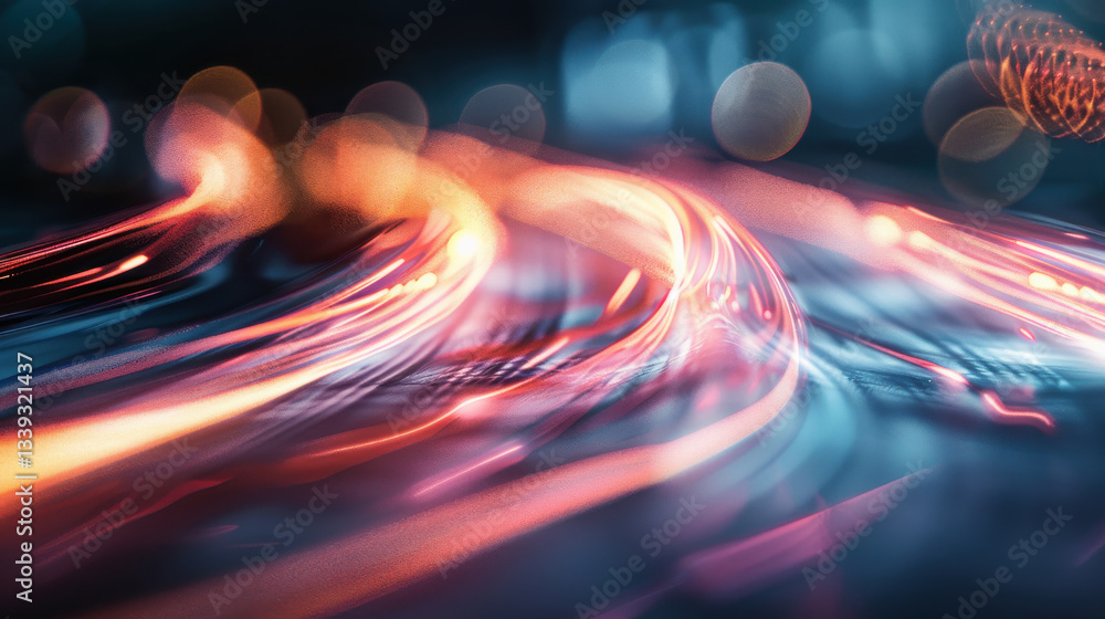 Poster dynamic light trails create vibrant, abstract background with colorful swirls. image evokes sense of