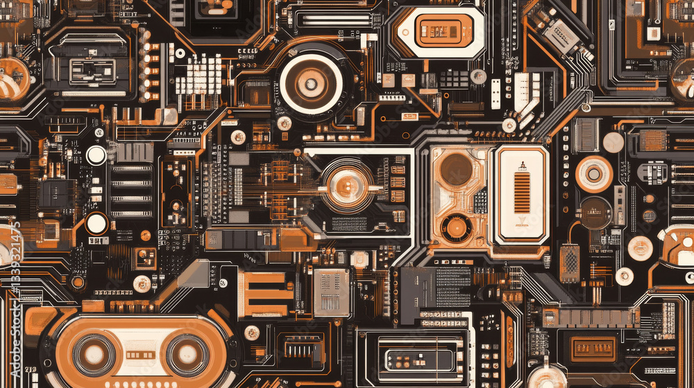 Poster a seamless pattern design illustrating a computer circuit board with intricate electronic details